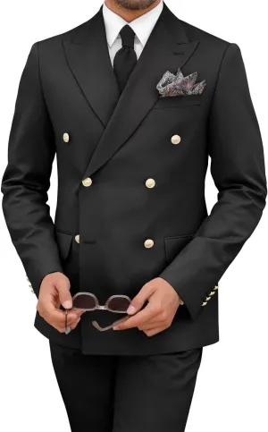 Mens 2 Piece Double Breasted Suit Regular Fit Gold Button Blazer Wedding Prom Formal Suits Set for Men