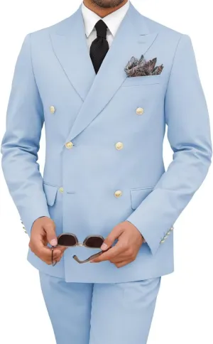 Mens 2 Piece Double Breasted Suit Regular Fit Gold Button Blazer Wedding Prom Formal Suits Set for Men