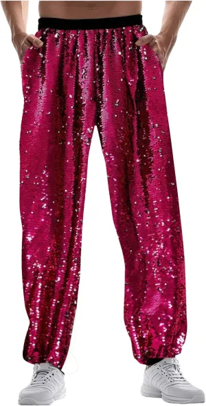 Mens 70s 80s Disco Sequin Joggers Pants Vintage Metallic Punk Baggy Tracksuits Elastic Waist Shiny Sparkly Rave