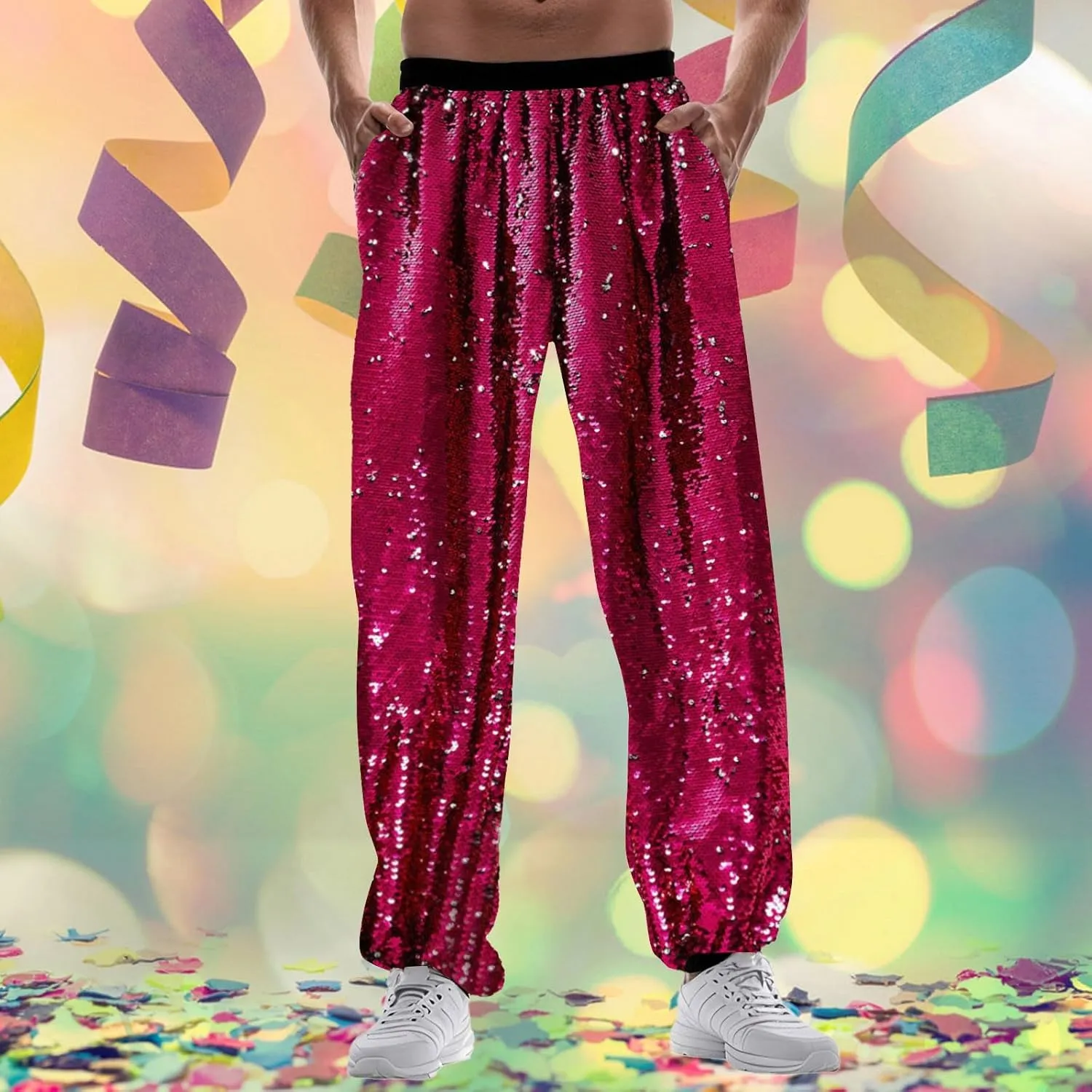Mens 70s 80s Disco Sequin Joggers Pants Vintage Metallic Punk Baggy Tracksuits Elastic Waist Shiny Sparkly Rave