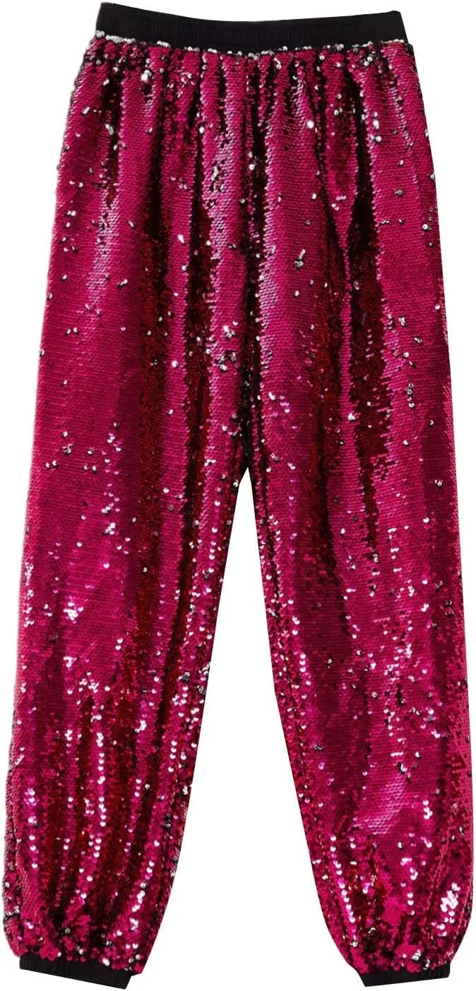 Mens 70s 80s Disco Sequin Joggers Pants Vintage Metallic Punk Baggy Tracksuits Elastic Waist Shiny Sparkly Rave