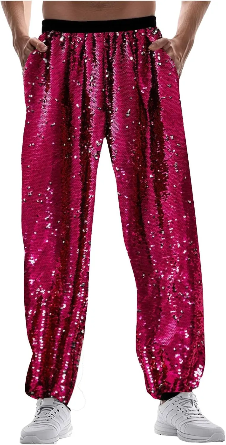 Mens 70s 80s Disco Sequin Joggers Pants Vintage Metallic Punk Baggy Tracksuits Elastic Waist Shiny Sparkly Rave