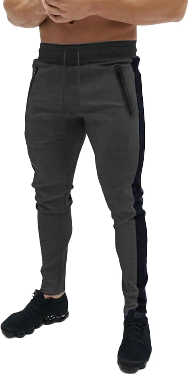 Mens Athletic Pants Casual Drawstring Elastic Waist Slim Fit Sweatpants Stripe Splicing Gym Track Workout Trousers