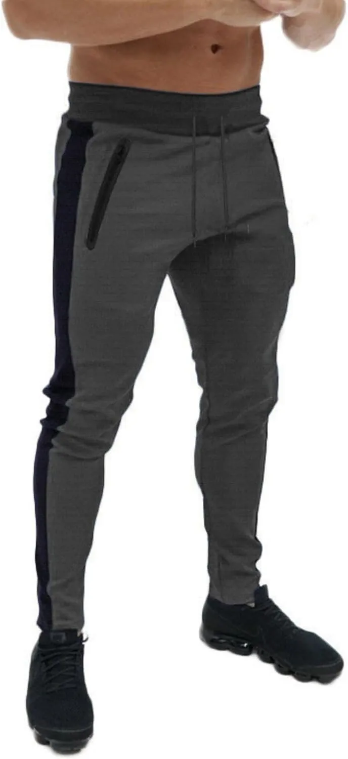 Mens Athletic Pants Casual Drawstring Elastic Waist Slim Fit Sweatpants Stripe Splicing Gym Track Workout Trousers