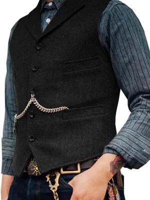 Mens Classic Wool Tweed Suit Vest Casual Sleeveless Jacket Herringbone Waistcoat for Tuxedos for Tuxedos