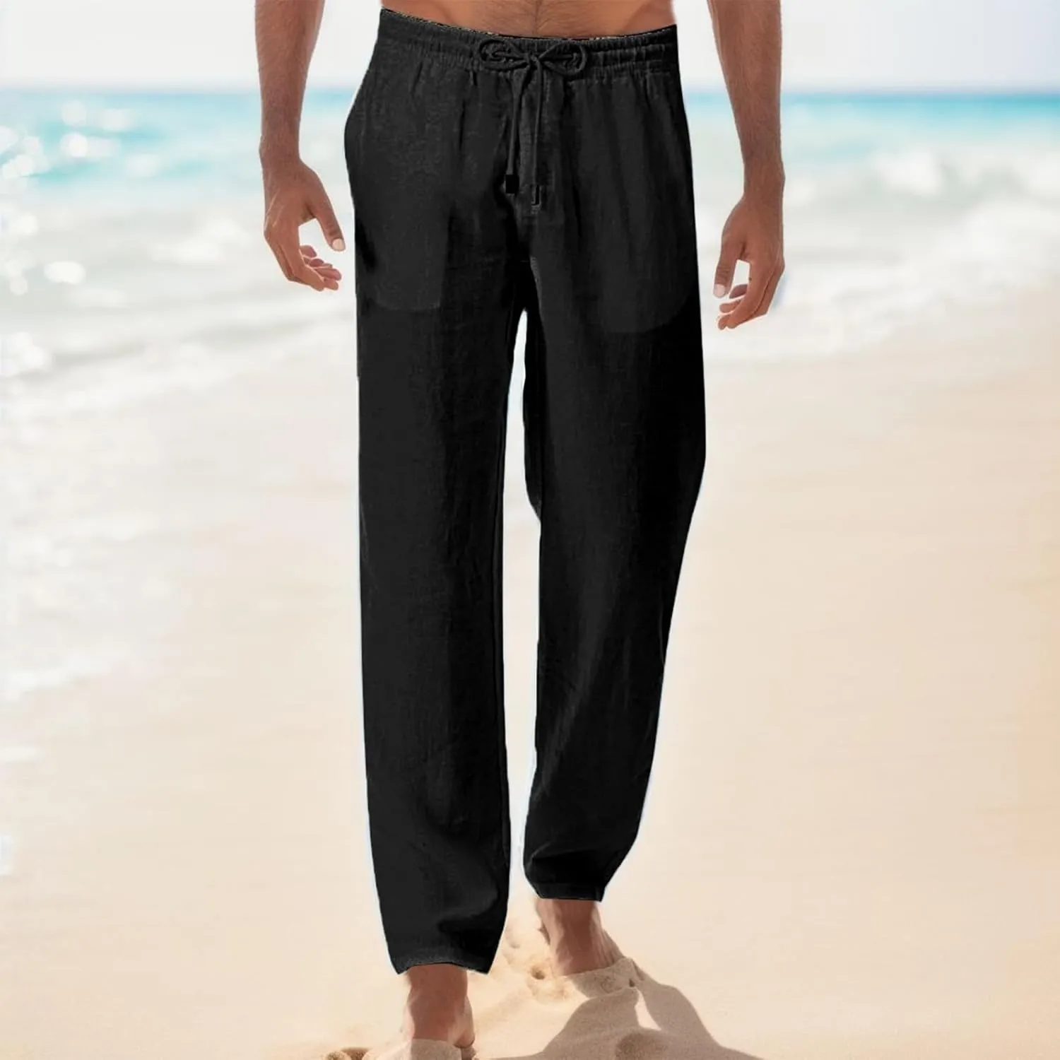 Mens Cotton Linen Pants Lightweight Drawstring Elastic Waist Trousers Loose Fit Hiking Joggers Yoga Beach Pants
