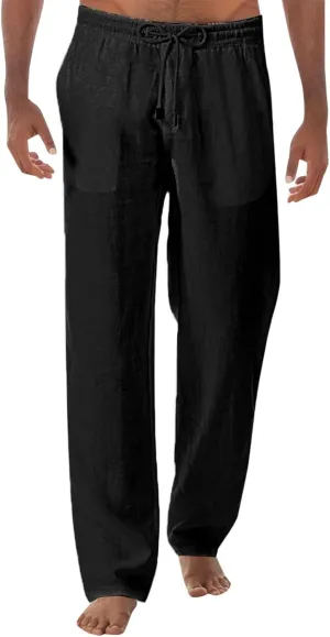 Mens Cotton Linen Pants Lightweight Drawstring Elastic Waist Trousers Loose Fit Hiking Joggers Yoga Beach Pants