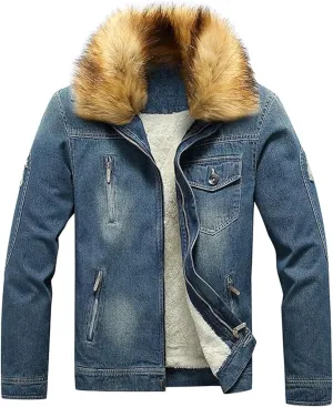 Men's Fur Collar Denim Jacket Male Sherpa Lined Distressed Denim Trucker Jacket Men Winter Warm Faux Fur Jean Coat