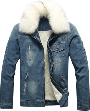 Men's Fur Collar Denim Jacket Male Sherpa Lined Distressed Denim Trucker Jacket Men Winter Warm Faux Fur Jean Coat