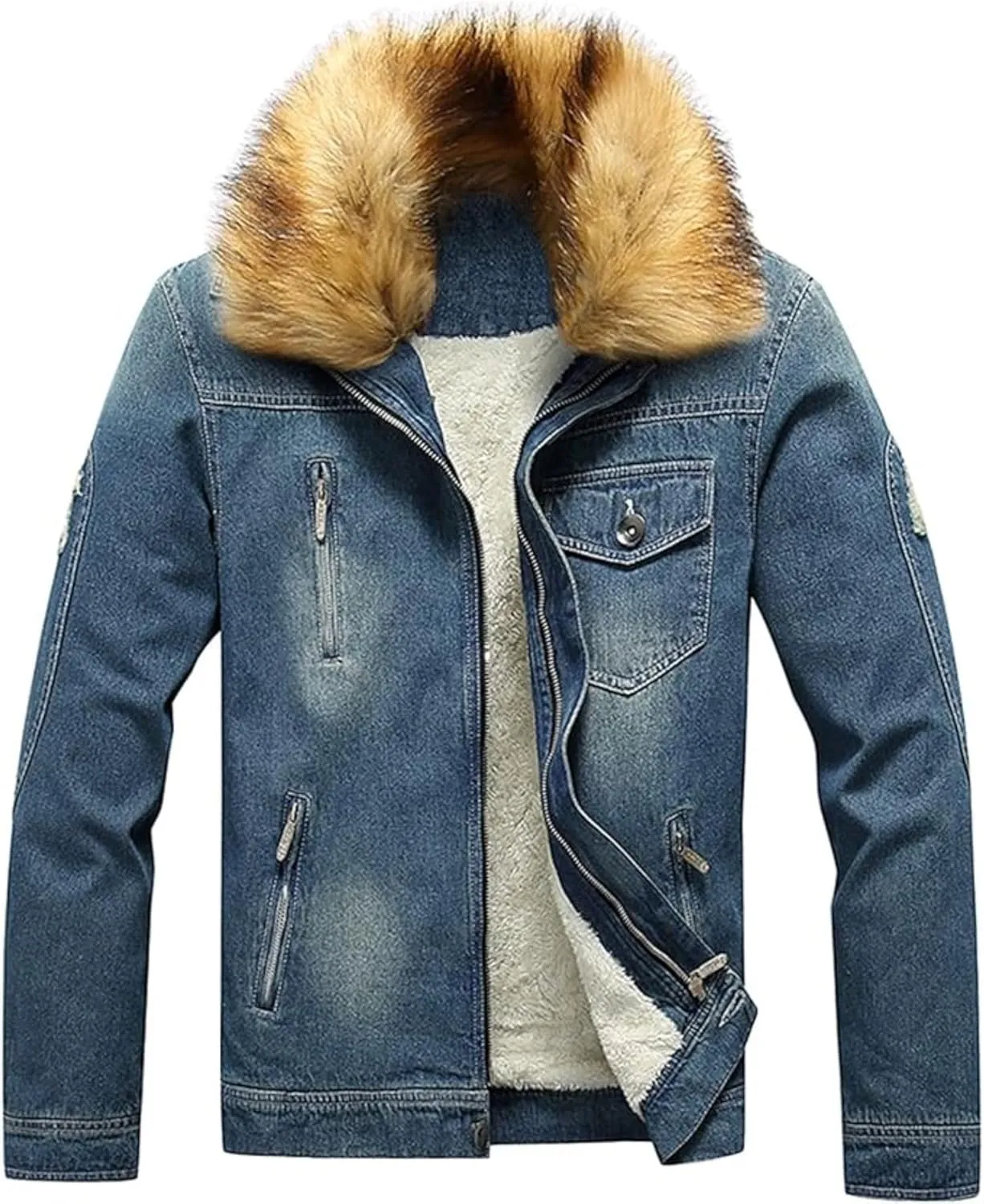 Men's Fur Collar Denim Jacket Male Sherpa Lined Distressed Denim Trucker Jacket Men Winter Warm Faux Fur Jean Coat