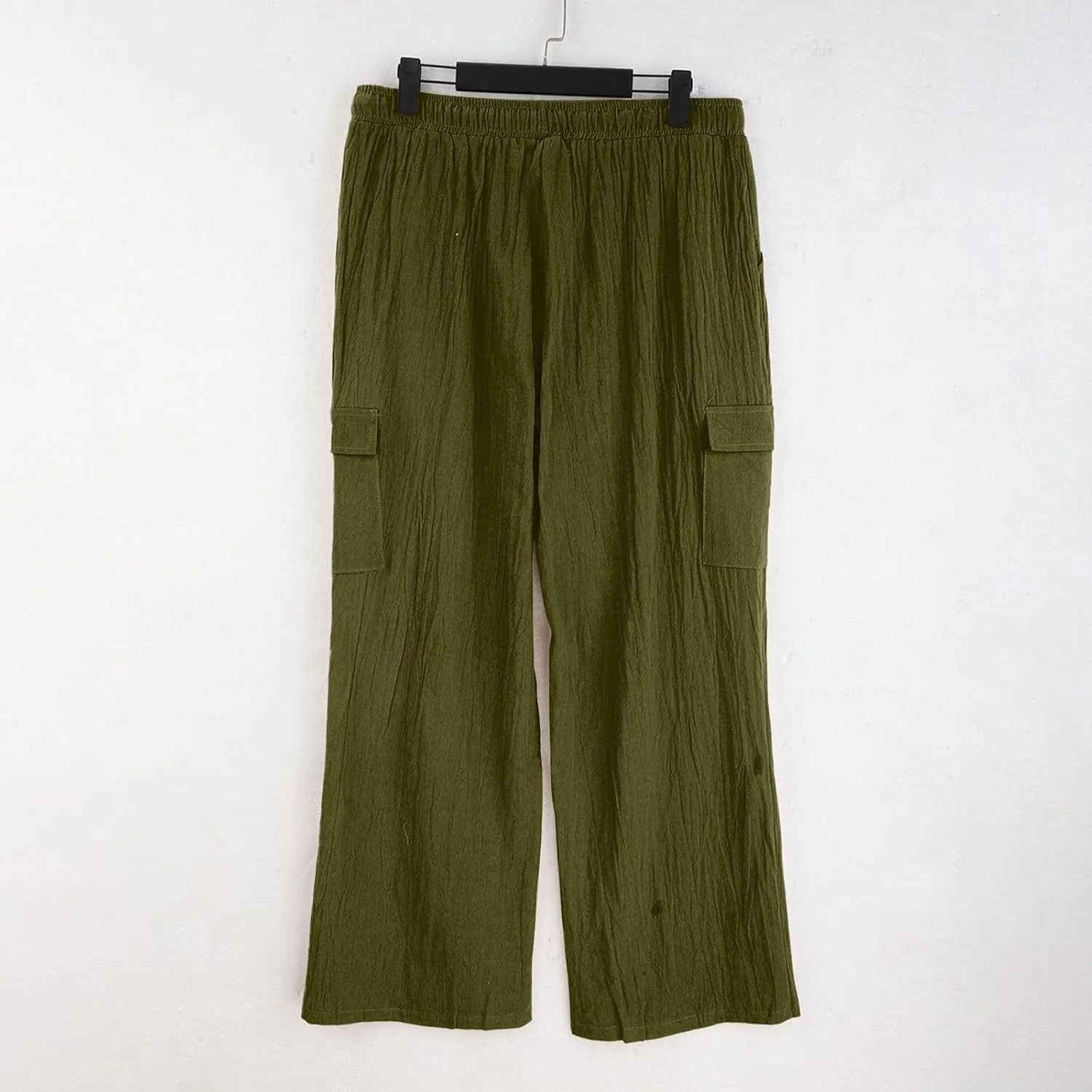 Men's Linen Cargo Pants Solid Casual Lightweight Pant with Multi Pockets Plus Size Drawstring Holiday Streetwear Big and Tall