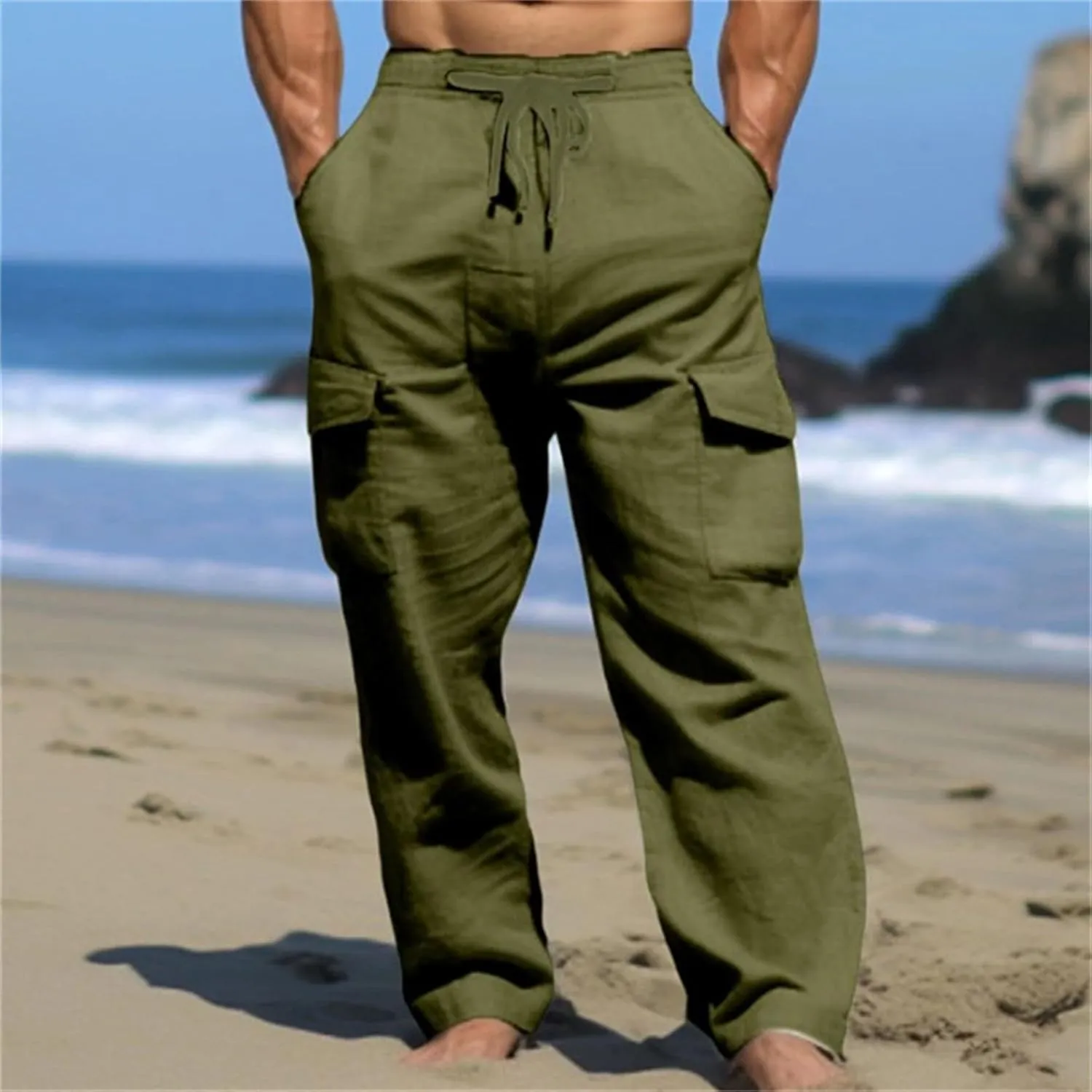 Men's Linen Cargo Pants Solid Casual Lightweight Pant with Multi Pockets Plus Size Drawstring Holiday Streetwear Big and Tall