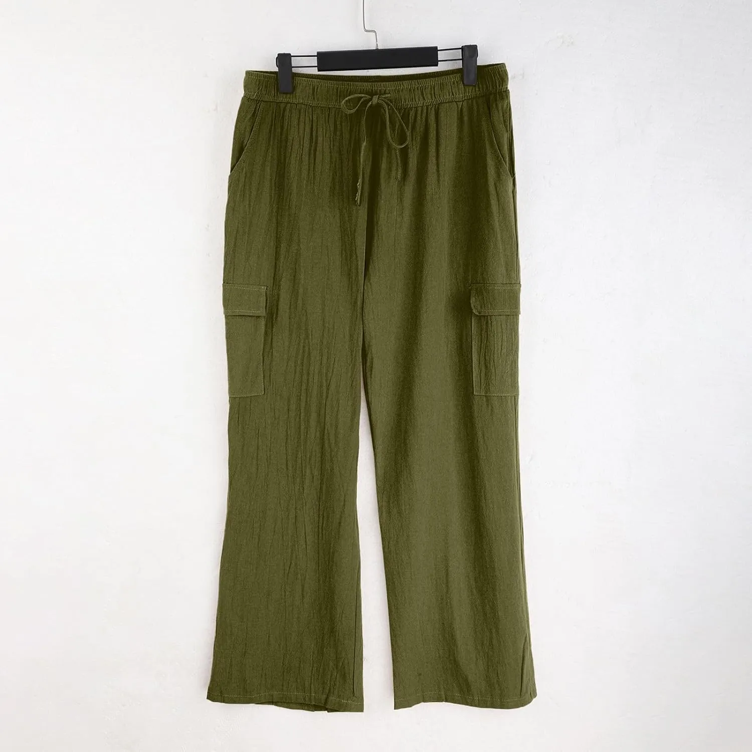 Men's Linen Cargo Pants Solid Casual Lightweight Pant with Multi Pockets Plus Size Drawstring Holiday Streetwear Big and Tall