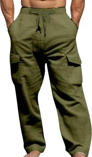 Men's Linen Cargo Pants Solid Casual Lightweight Pant with Multi Pockets Plus Size Drawstring Holiday Streetwear Big and Tall