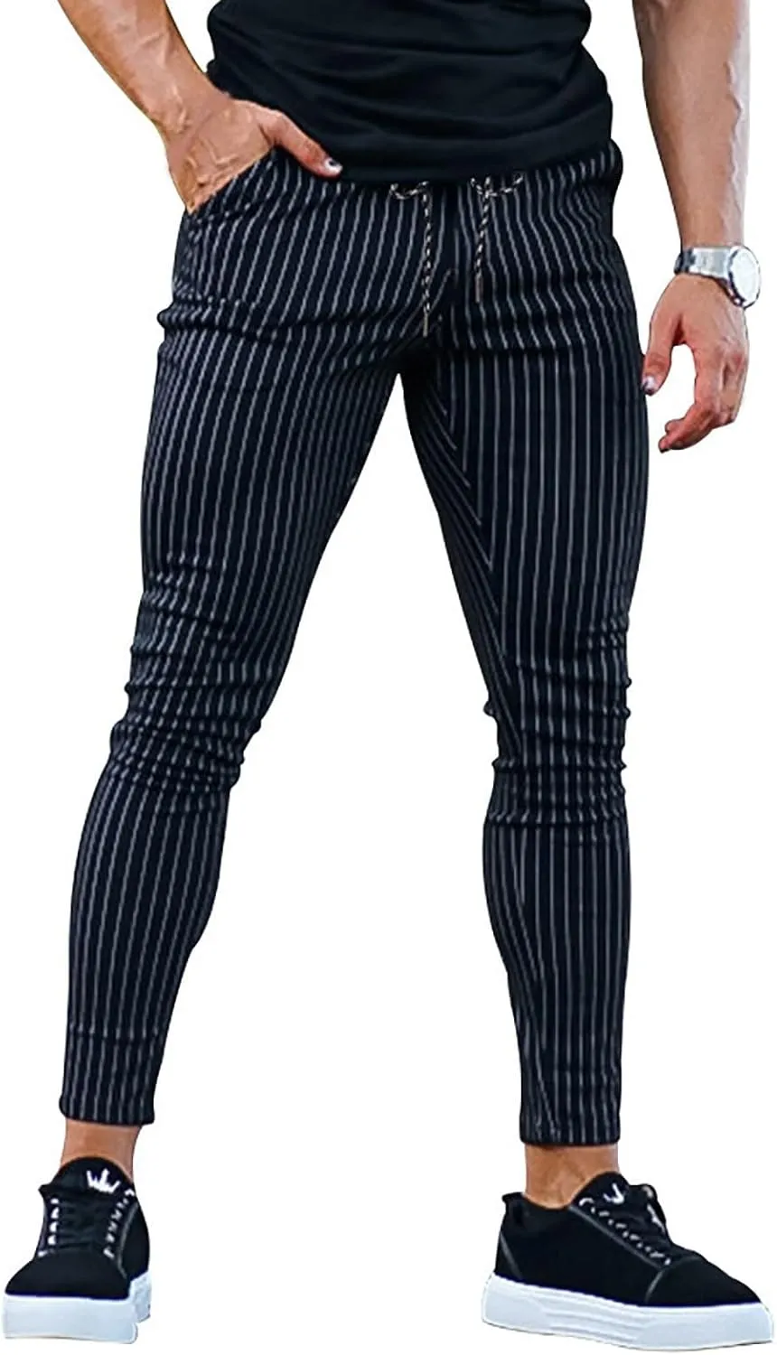 Men's Striped Dress Pants Slim Fit Stretch Golf Pants Bussiness Casual Suit Pants for Work Office