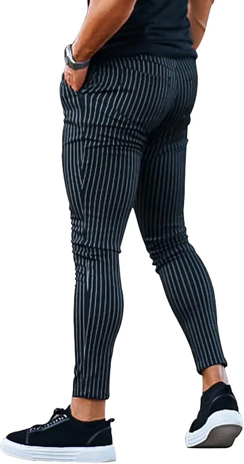 Men's Striped Dress Pants Slim Fit Stretch Golf Pants Bussiness Casual Suit Pants for Work Office
