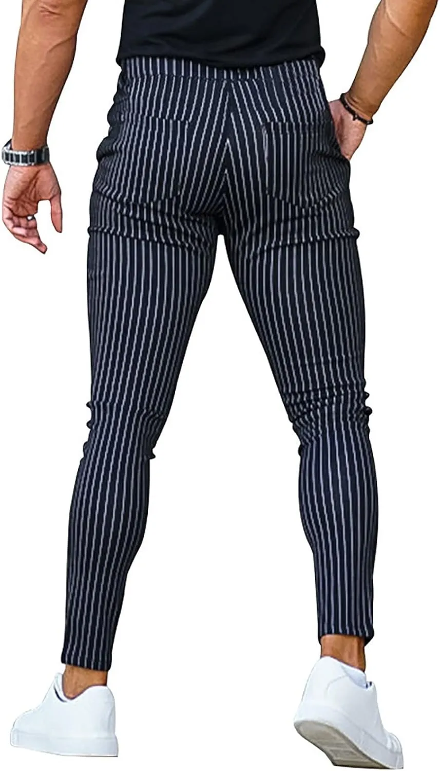 Men's Striped Dress Pants Slim Fit Stretch Golf Pants Bussiness Casual Suit Pants for Work Office