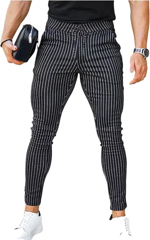 Men's Striped Dress Pants Slim Fit Stretch Golf Pants Bussiness Casual Suit Pants for Work Office