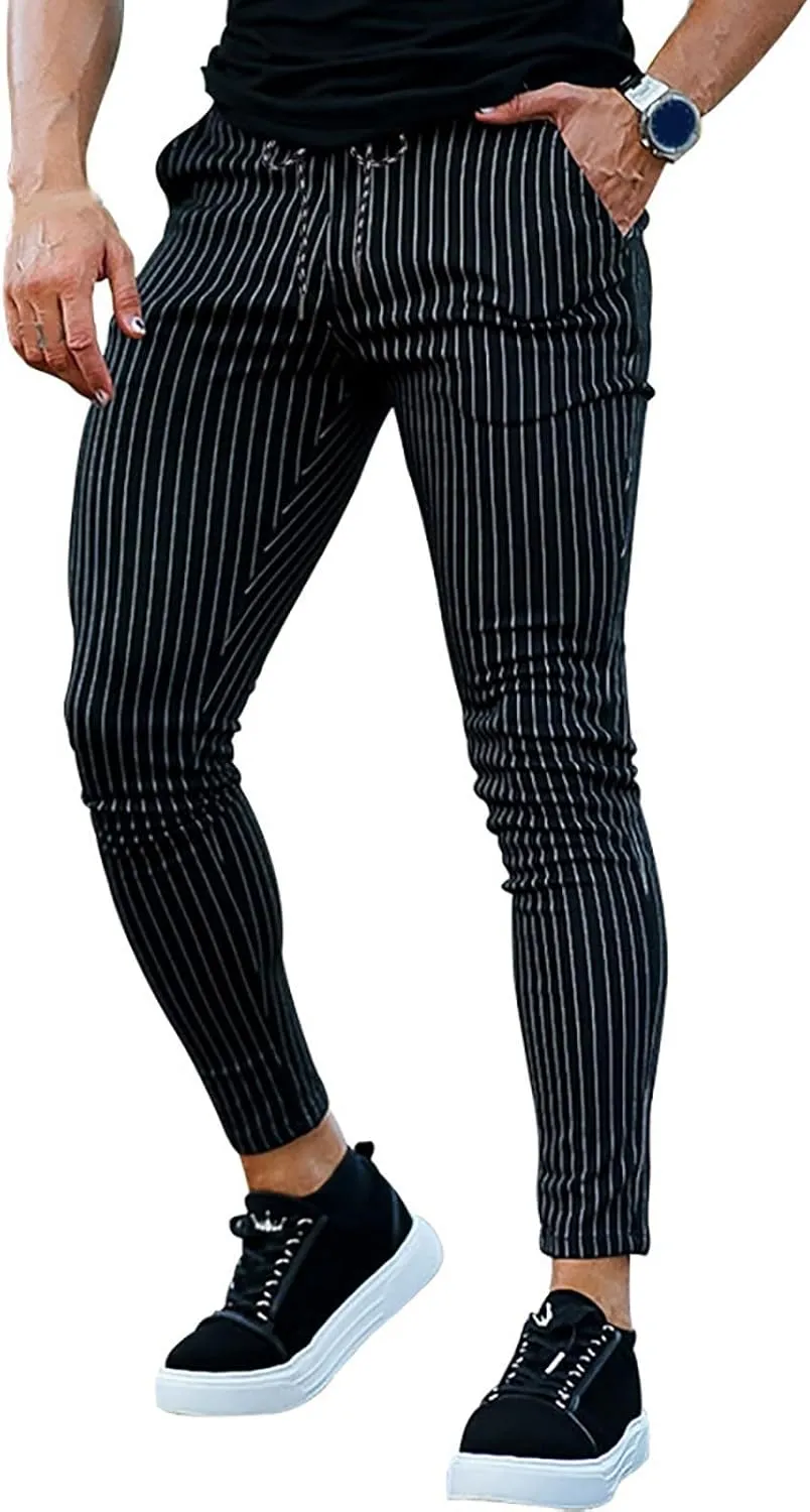 Men's Striped Dress Pants Slim Fit Stretch Golf Pants Bussiness Casual Suit Pants for Work Office