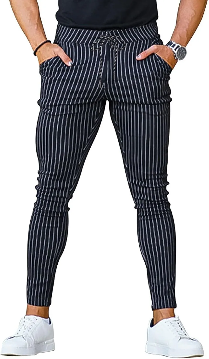 Men's Striped Dress Pants Slim Fit Stretch Golf Pants Bussiness Casual Suit Pants for Work Office