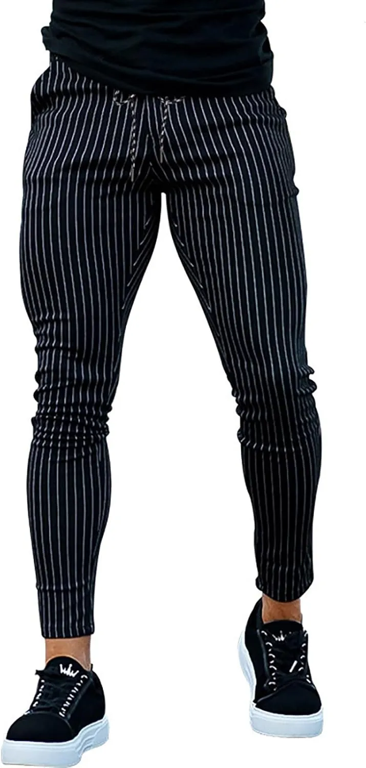 Men's Striped Dress Pants Slim Fit Stretch Golf Pants Bussiness Casual Suit Pants for Work Office
