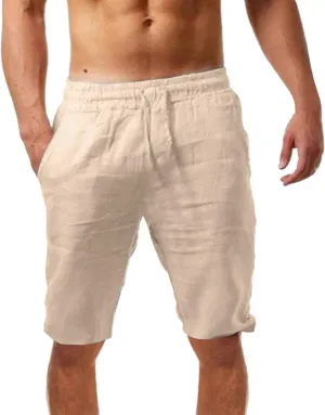 Mens Summer Cotton Linen Beach Shorts Lightweight Workout Gym Yoga Shorts Classic Fit Elastic Waist Short with Drawstring