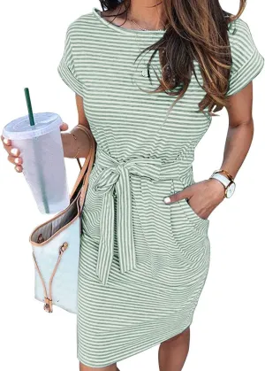 MEROKEETY Women's Summer Striped Short Sleeve T Shirt Dress Casual Tie Waist with Pockets