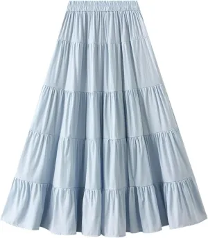 Midi Skirt for Women HIgh Waist A-line Summer Skirts Pleated Tiered Flowy Swing Beach Skirt