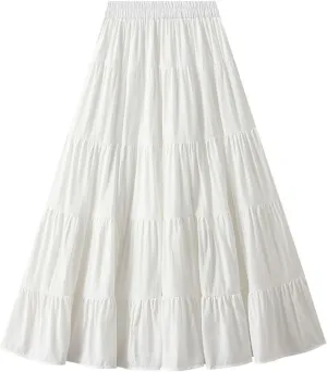 Midi Skirt for Women HIgh Waist A-line Summer Skirts Pleated Tiered Flowy Swing Beach Skirt