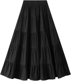 Midi Skirt for Women HIgh Waist A-line Summer Skirts Pleated Tiered Flowy Swing Beach Skirt