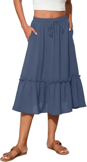 Midi Skirts for Women Summer Boho High Waist Flowy Swing Tiered Skirts with Pockets Comfy Beach Pleated Skirts