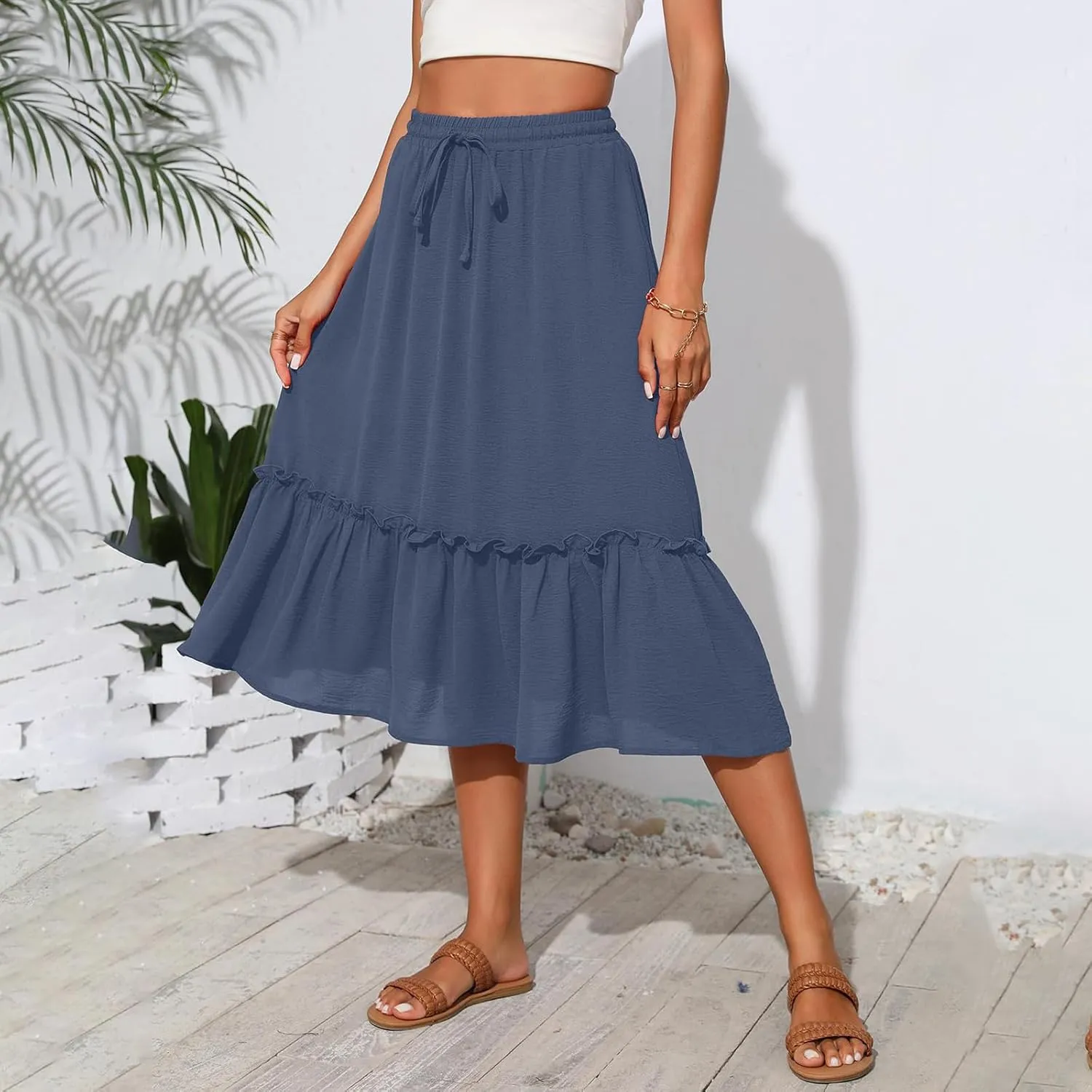Midi Skirts for Women Summer Boho High Waist Flowy Swing Tiered Skirts with Pockets Comfy Beach Pleated Skirts