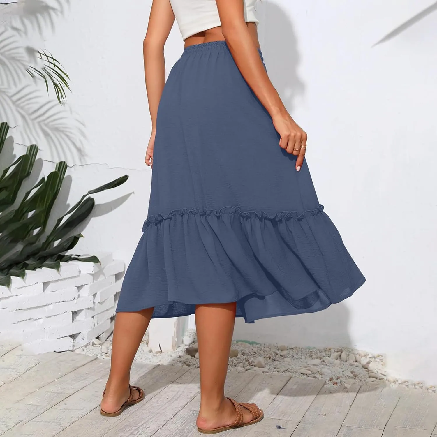 Midi Skirts for Women Summer Boho High Waist Flowy Swing Tiered Skirts with Pockets Comfy Beach Pleated Skirts