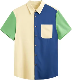Milumia Men's Casual Button Up Shirt Pocket Short Sleeve Colorblock Blouse Tops