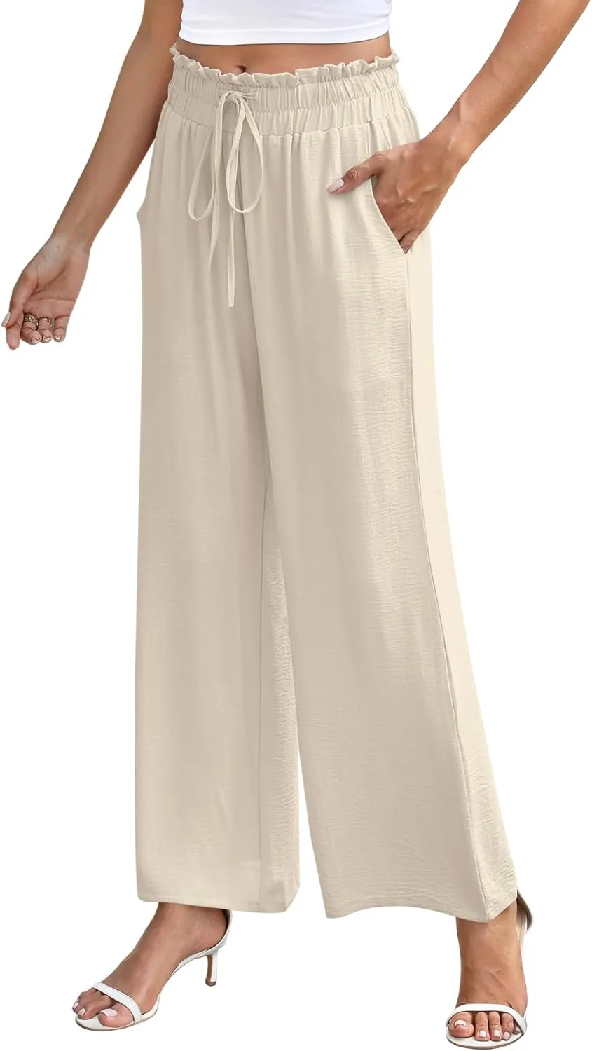 NILOUFO Women's High Waist Wide Leg Pants Elastic Drawstring Casual Loose Flowy Trousers with Pockets