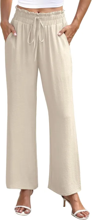 NILOUFO Women's High Waist Wide Leg Pants Elastic Drawstring Casual Loose Flowy Trousers with Pockets