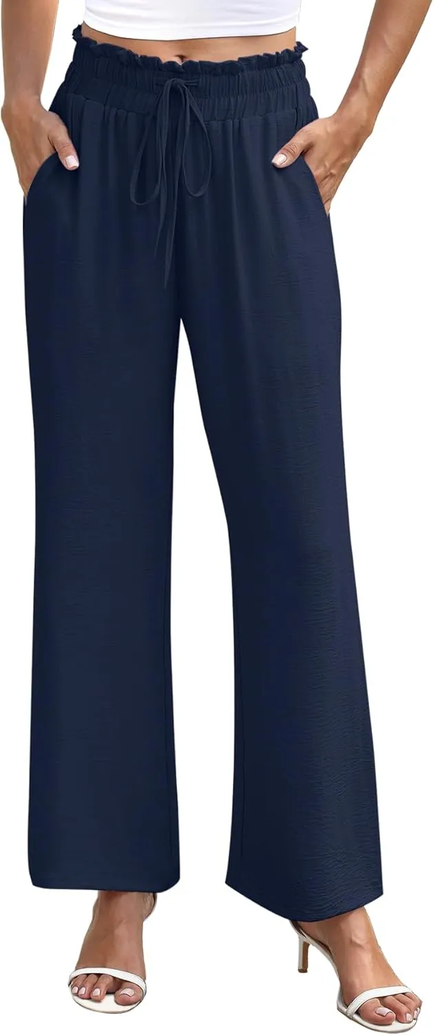 NILOUFO Women's High Waist Wide Leg Pants Elastic Drawstring Casual Loose Flowy Trousers with Pockets