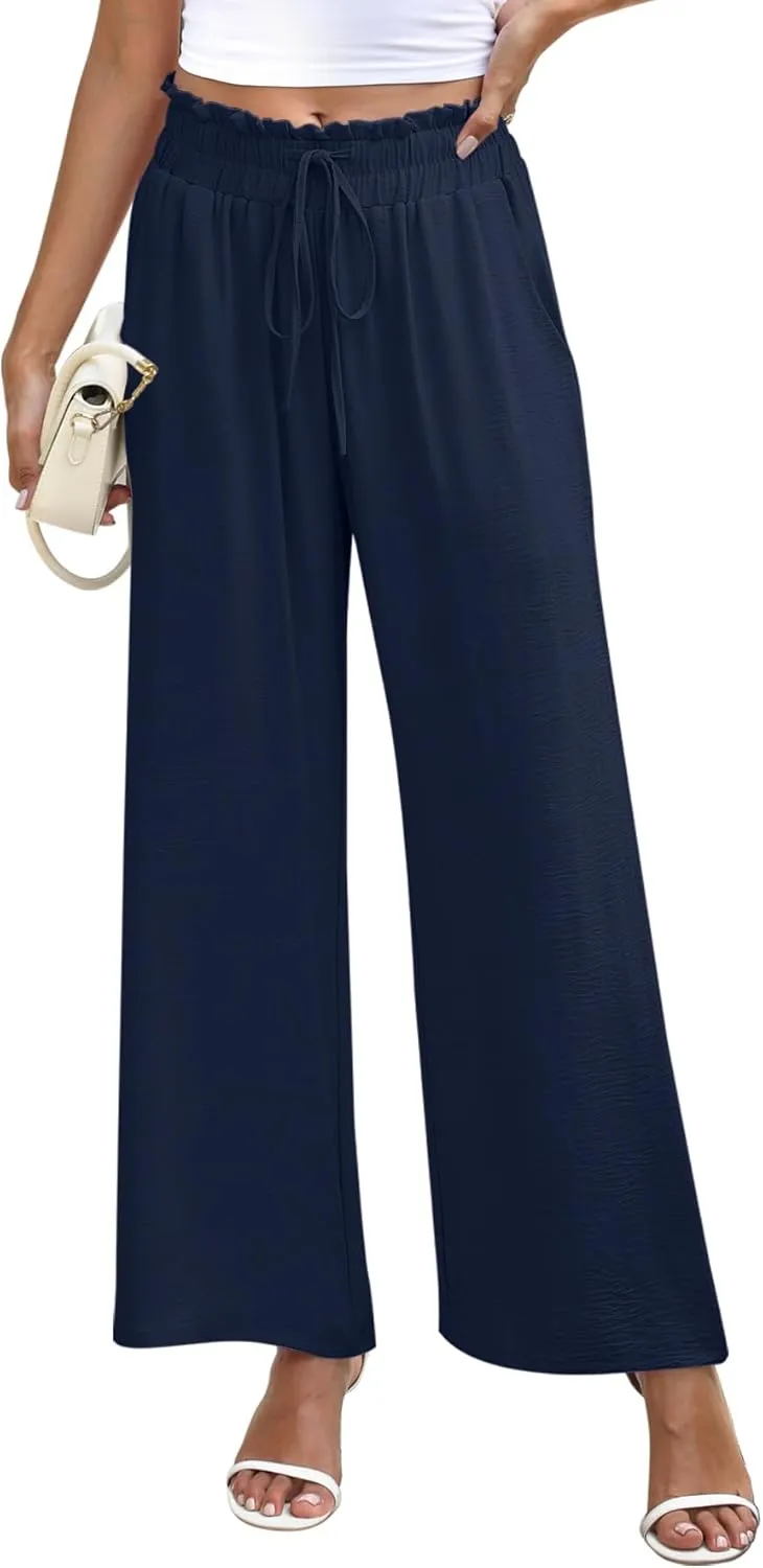 NILOUFO Women's High Waist Wide Leg Pants Elastic Drawstring Casual Loose Flowy Trousers with Pockets