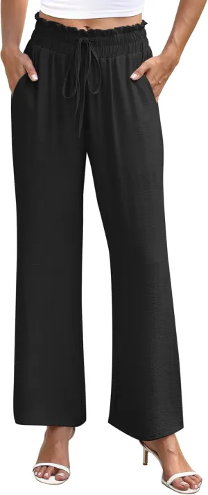 NILOUFO Women's High Waist Wide Leg Pants Elastic Drawstring Casual Loose Flowy Trousers with Pockets