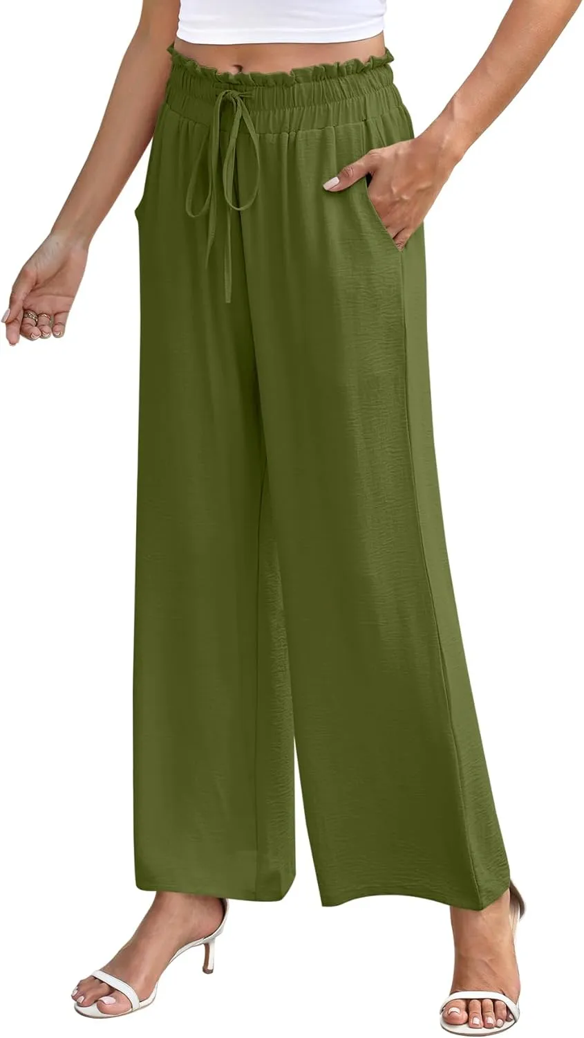 NILOUFO Women's High Waist Wide Leg Pants Elastic Drawstring Casual Loose Flowy Trousers with Pockets