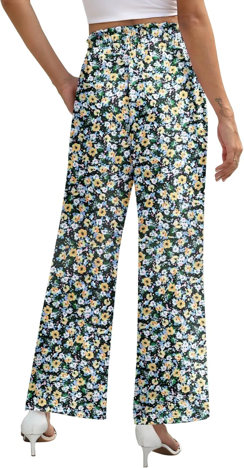 NILOUFO Women's High Waist Wide Leg Pants Elastic Drawstring Casual Loose Flowy Trousers with Pockets