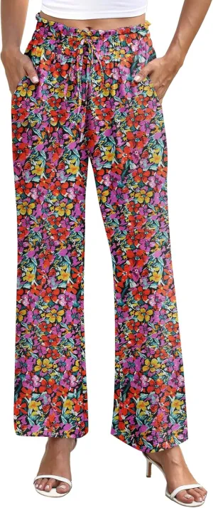 NILOUFO Women's High Waist Wide Leg Pants Elastic Drawstring Casual Loose Flowy Trousers with Pockets