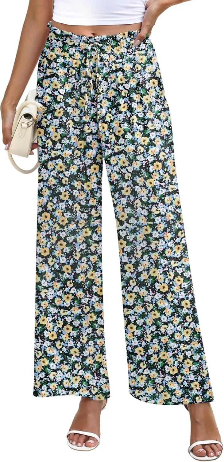 NILOUFO Women's High Waist Wide Leg Pants Elastic Drawstring Casual Loose Flowy Trousers with Pockets
