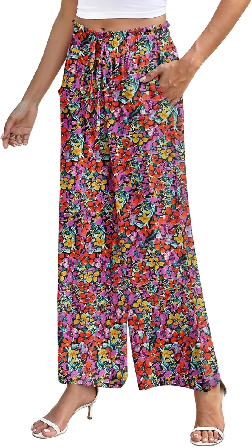 NILOUFO Women's High Waist Wide Leg Pants Elastic Drawstring Casual Loose Flowy Trousers with Pockets