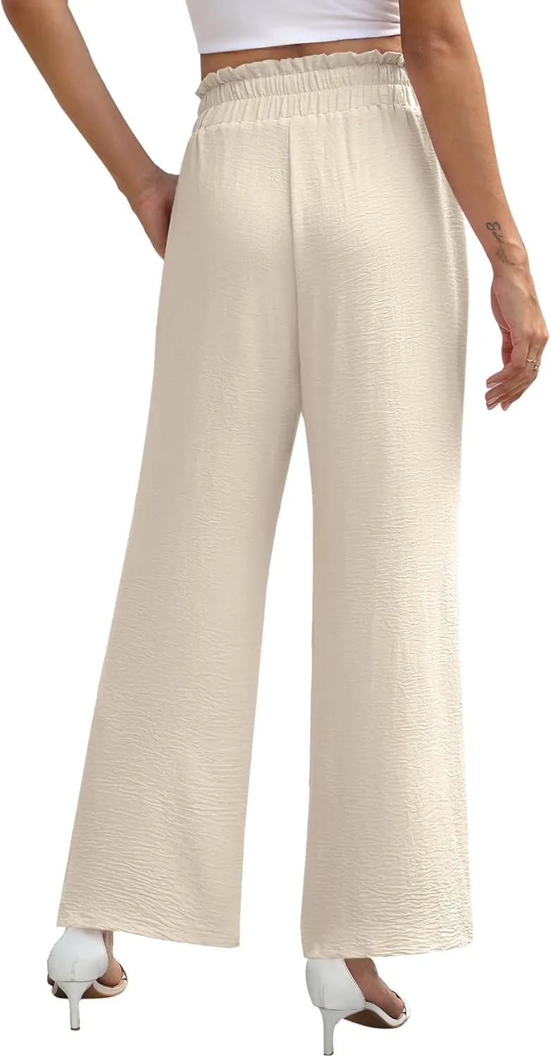 NILOUFO Women's High Waist Wide Leg Pants Elastic Drawstring Casual Loose Flowy Trousers with Pockets
