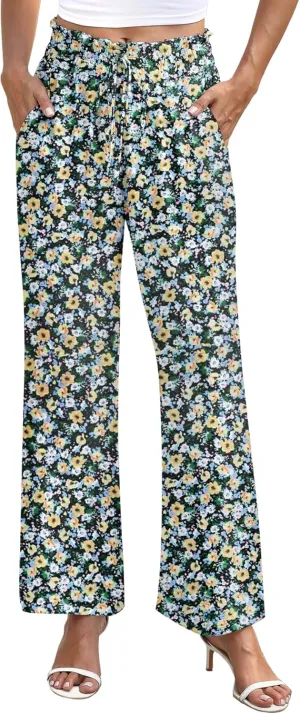 NILOUFO Women's High Waist Wide Leg Pants Elastic Drawstring Casual Loose Flowy Trousers with Pockets