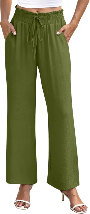 NILOUFO Women's High Waist Wide Leg Pants Elastic Drawstring Casual Loose Flowy Trousers with Pockets