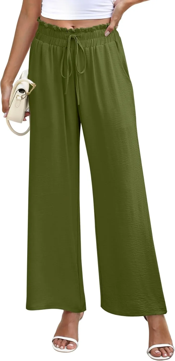 NILOUFO Women's High Waist Wide Leg Pants Elastic Drawstring Casual Loose Flowy Trousers with Pockets