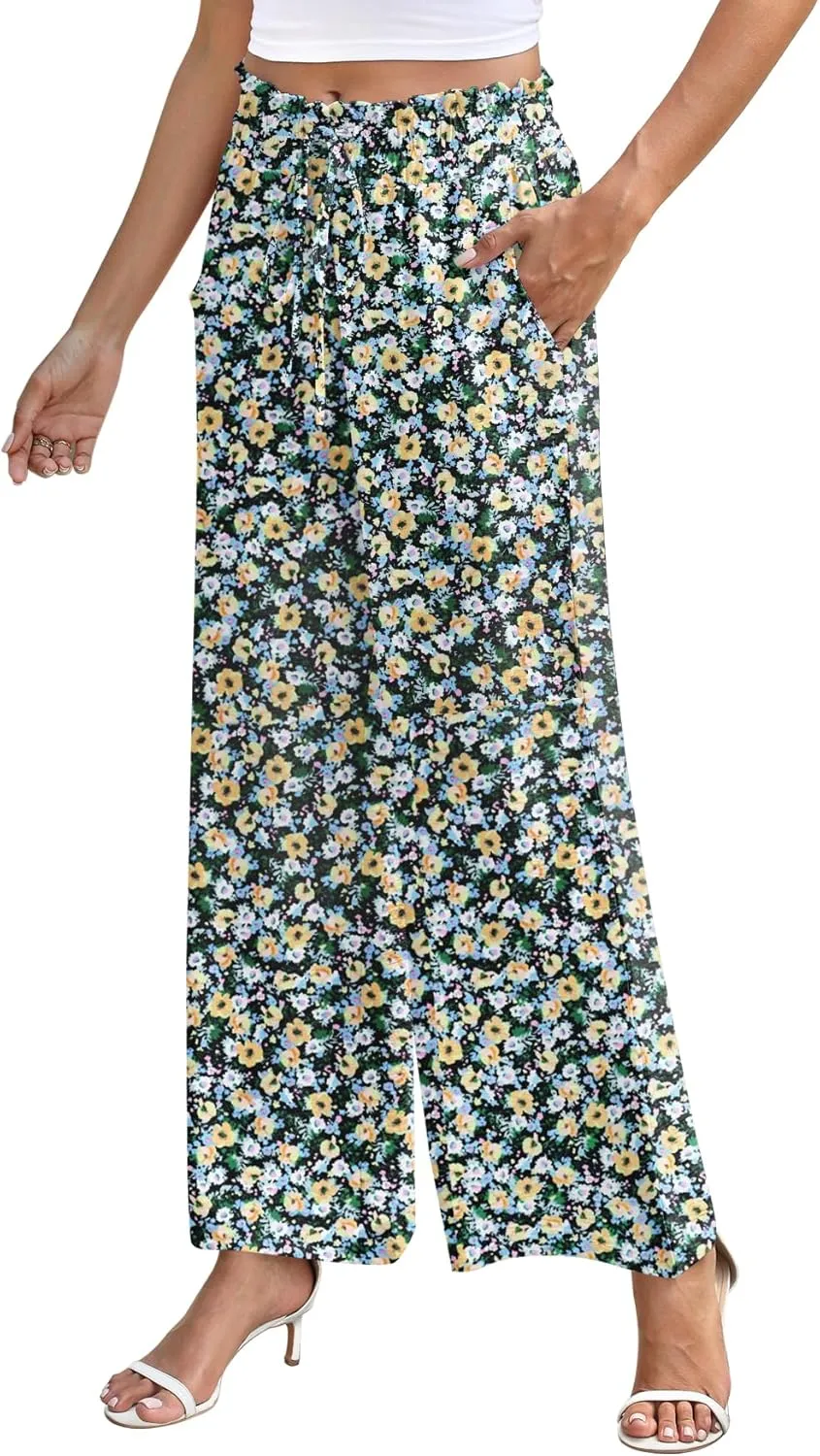 NILOUFO Women's High Waist Wide Leg Pants Elastic Drawstring Casual Loose Flowy Trousers with Pockets