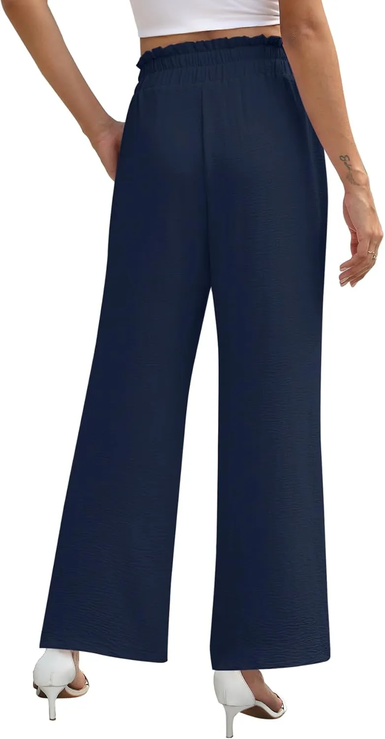NILOUFO Women's High Waist Wide Leg Pants Elastic Drawstring Casual Loose Flowy Trousers with Pockets